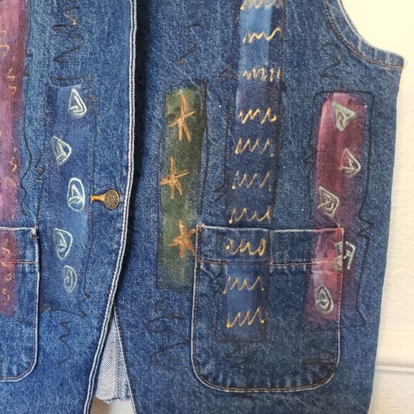 Vintage Sunbelt Hand Painted Southwestern Denim Vest Size Small One Button - Picture 3 of 12